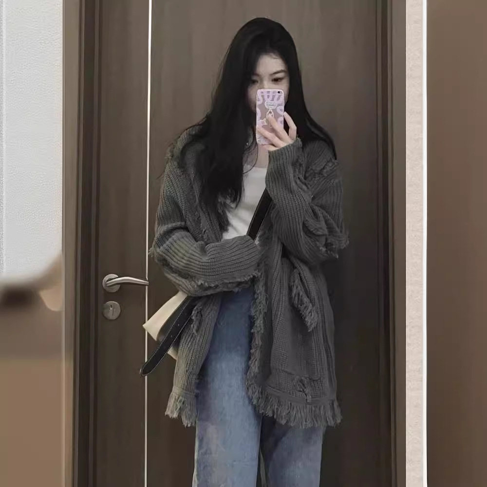 针织衫毛衣女秋冬2025年新款慵懒风毛边流苏宽松长袖开衫上衣