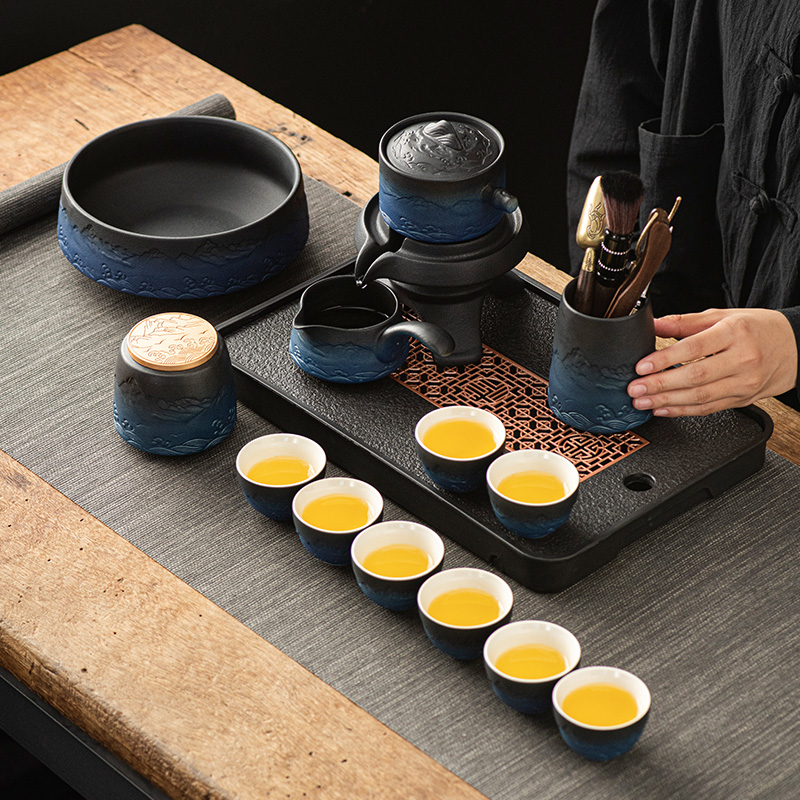 转动功夫茶具套组家用懒人黑陶自动石墨防烫手泡茶壶神器茶杯茶盘