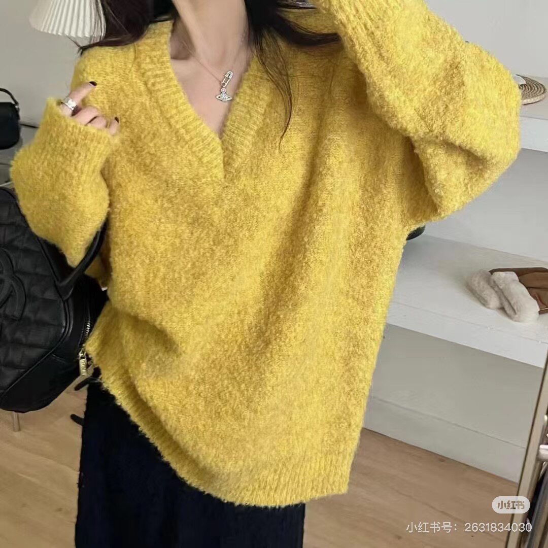 宽松慵懒中长款黄色毛衣女冬季加厚保暖内搭高级感打底针织衫上衣