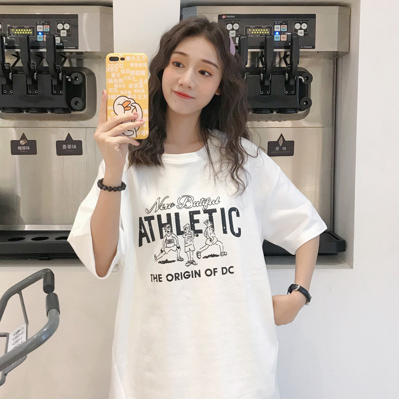 Summer Short sleeved T-shirt 2019 new pattern Spring and summer Korean Edition Easy Mid length version Thin section ATHLETIC Printed capless shirtin the Women's clothing/Boutique , T-shirt  category - from Buy2taobao.com to provide professional Taobao agent buy service