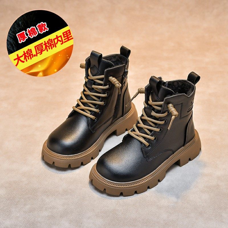 二棉儿童马丁靴加绒女童靴子秋冬季新款男童大棉牛皮短靴大童皮靴