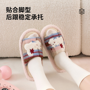 可爱猫咪大童亚麻拖鞋女童男童防滑春季新款室内家居学生棉布麻拖