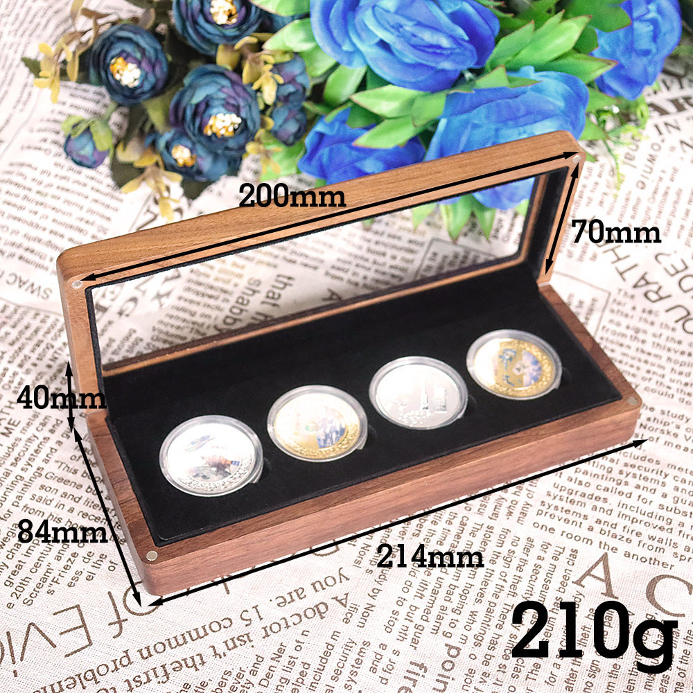 双币开窗纪念礼盒黑胡桃包装木盒纪念币奖牌徽章古钱币铜币收纳盒