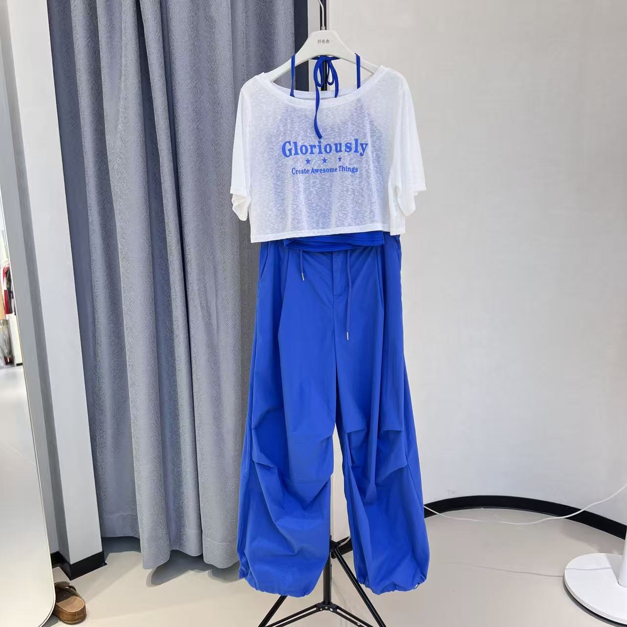 韩系女夏装2026新款挂脖吊带+短袖防晒上衣+高腰阔腿裤休闲三件套