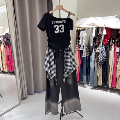 美式斜肩短袖T恤+格子屁帘牛仔阔腿裤女2026夏新款辣妹风时尚套装