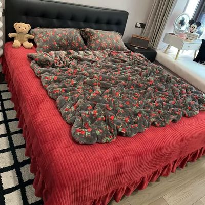 冬季爆暖牛奶绒花边床盖款四件套夹棉加厚加绒花边床罩双面绒被套