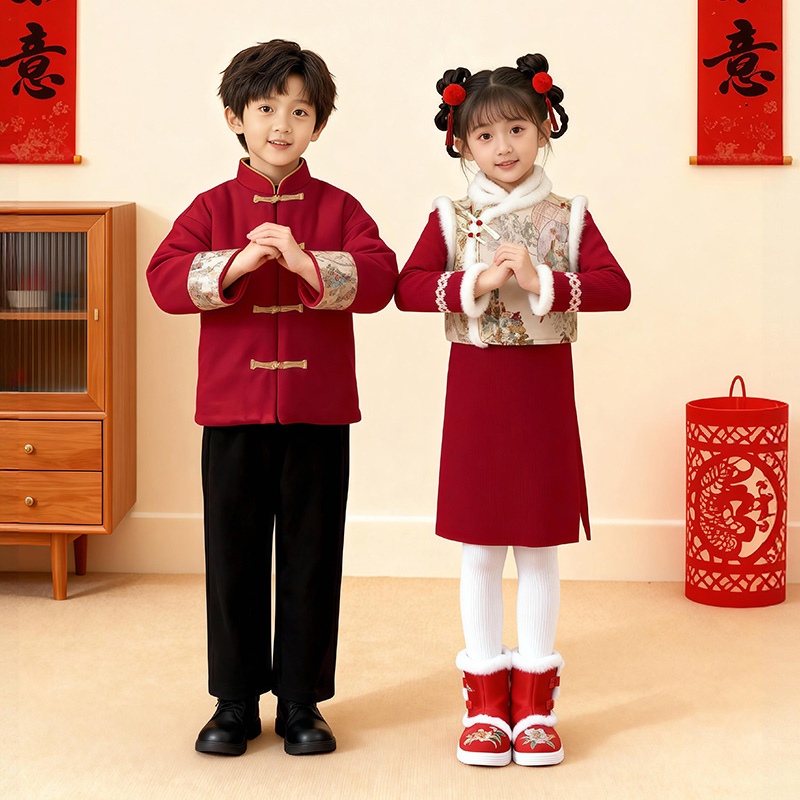 元旦儿童演出服秋冬中国风拜年服喜庆新年舞蹈服幼儿园中式表演服