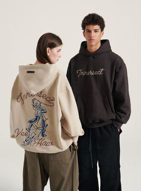 INNERSECT西部牛仔重磅连帽加绒卫衣潮美式街头同款休闲上衣男女