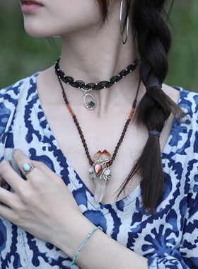 宝石粘土系列白紫水晶太阳月光石吊坠手工绳编项链小众设计部落风