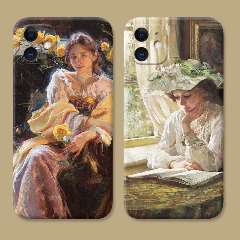 油画少女适用iPhone13苹果12手机壳11艺术17Air/14复古15promax黑色16plus全包边mini文艺女款迷你耐脏防摔软