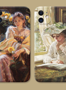 油画少女适用iPhone13苹果12手机壳11艺术17Air/14复古15promax黑色16plus全包边mini文艺女款迷你耐脏防摔软