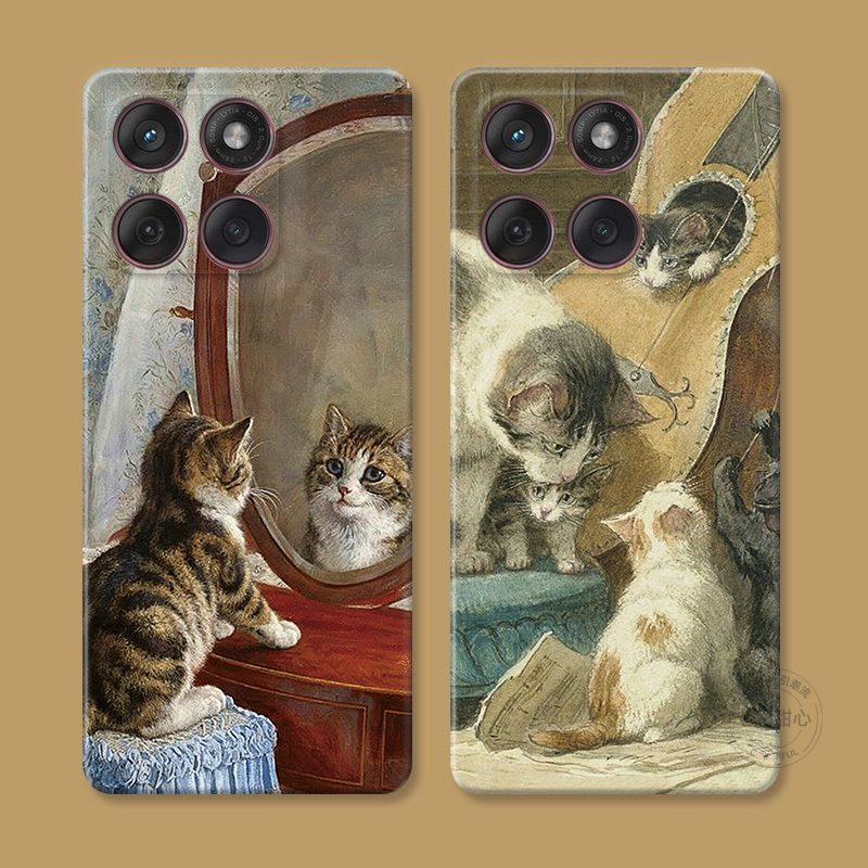古风文艺猫咪适用摩托罗拉edge60pro手机壳50/40/S30/G86G85G84G75G56G55G54可爱法式油画复古女款软
