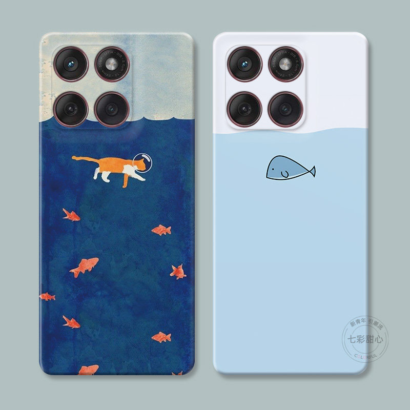 海底猫咪适用摩托罗拉edge60pro手机壳50/40/S30/G86G85G84G75G56G55G54简约夏日小鲸鱼可爱文艺卡通女款软