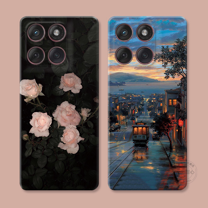 低调粉玫瑰花适用摩托罗拉edge60pro手机壳50/40/S30/G86G85G84G75G56G55G54晨曦街道文艺冷淡风女款耐脏软