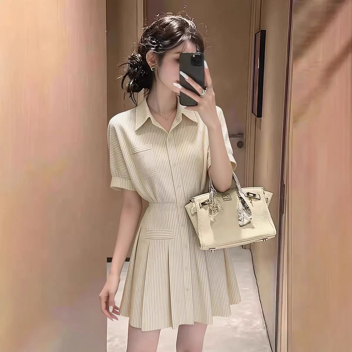 小个子法式短裙女夏季高级感精致气质小香风条纹Polo衬衫连衣裙子