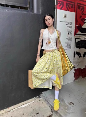 夏季海边度假风黄色碎花高腰半身裙女辣妹气质百搭显瘦a字中长裙