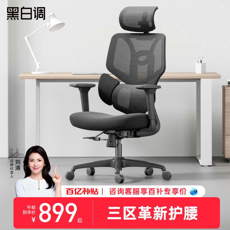黑白调三区护腰人体工学椅电脑椅舒适办公椅久坐老板椅子电竞椅