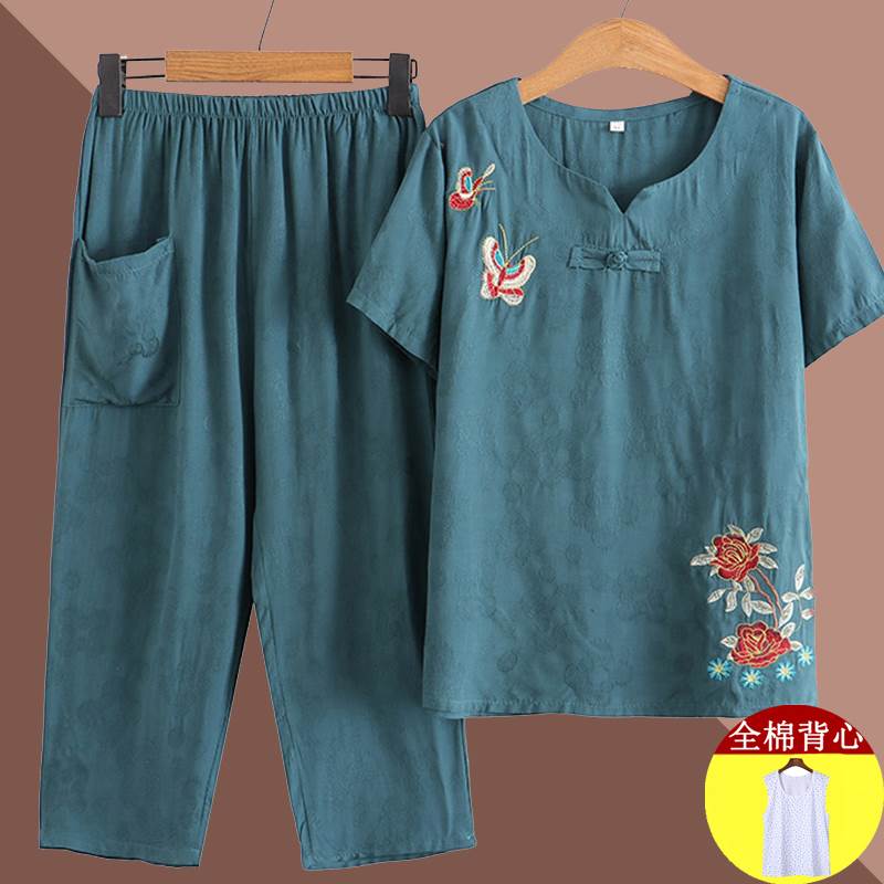 中老年人夏装套装棉麻女奶奶短袖妈妈夏季绣花T恤老人老太太衣服