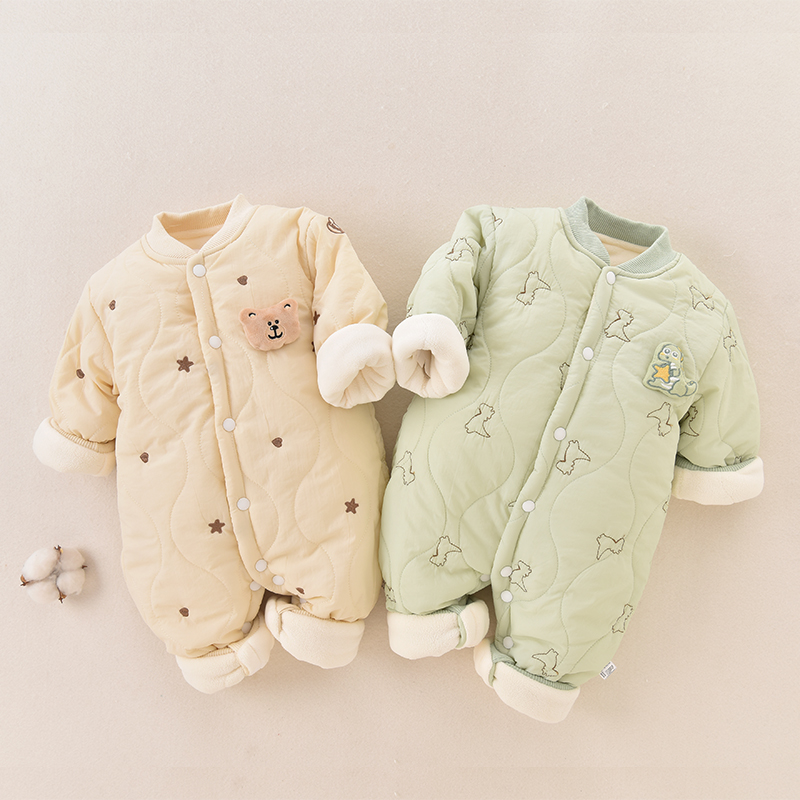 婴儿连体衣秋冬夹棉加厚加绒保暖棉服哈衣新生衣服宝宝外出服冬装
