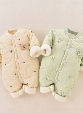婴儿连体衣秋冬夹棉加厚加绒保暖棉服哈衣新生衣服宝宝外出服冬装