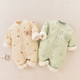 婴儿连体衣秋冬夹棉加厚加绒保暖棉服哈衣新生衣服宝宝外出服冬装