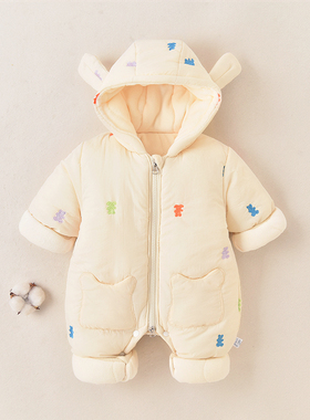 婴儿加绒加厚连体衣棉袄宝宝秋冬保暖连帽外出棉服新生儿棉衣冬装