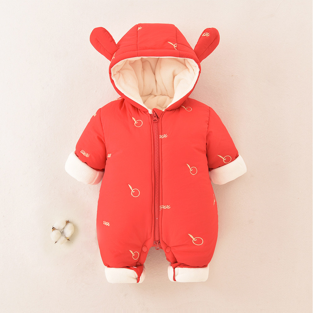 冬季婴儿连体衣加绒加厚外出棉服哈衣宝宝冬装过年喜庆红色衣服