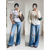 女莱赛尔汉麻破洞直筒裤 DD「时装 垂感牛仔裤 凉感薄款 廓形」夏季
