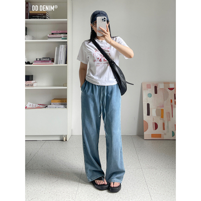 抽绳松紧腰宽松微弧直筒裤