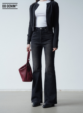 DD 没拉腿！巨显腿长！黑灰色24复古高腰微喇叭牛仔裤女弹力显瘦