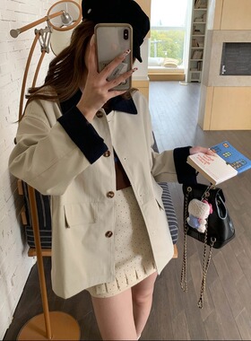 SUNS高智巴恩风 早春款韩系复古设计感拼接翻领风衣外套女ZY4041