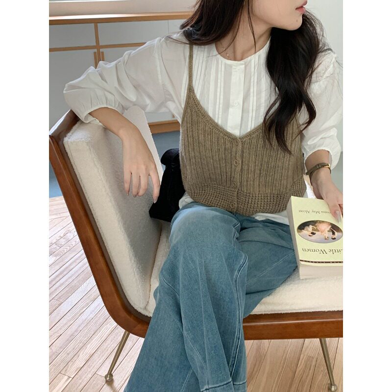 SUNS新品 韩系文艺温柔肌理针织开衫女装背心吊带叠穿上衣ZY3203