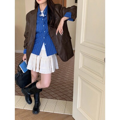 SUNS都市雅痞 美式复古街头风廓形宽松显瘦西装皮衣女外套ZY3466