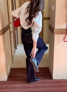 SUNS早春新款 韩系少女复古明线双口袋高腰显瘦直筒牛仔裤ZY3836