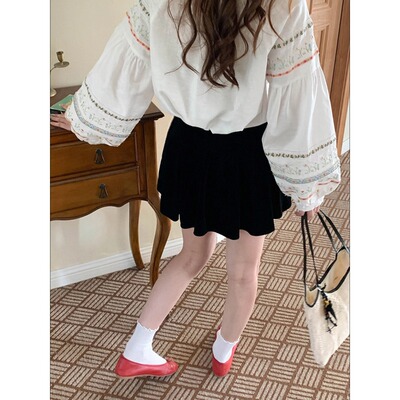 SUNS早春新款 韩系少女时髦千金风复古丝绒百褶短裙半身裙ZY3898