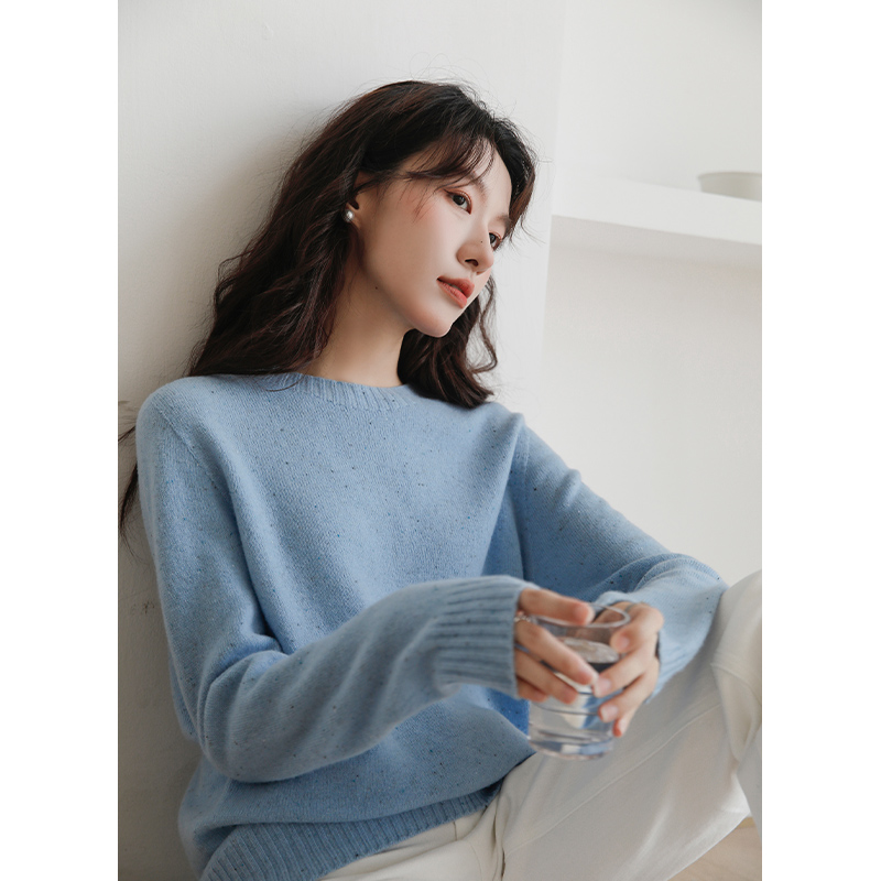 浅蓝色圆领长袖羊毛衫