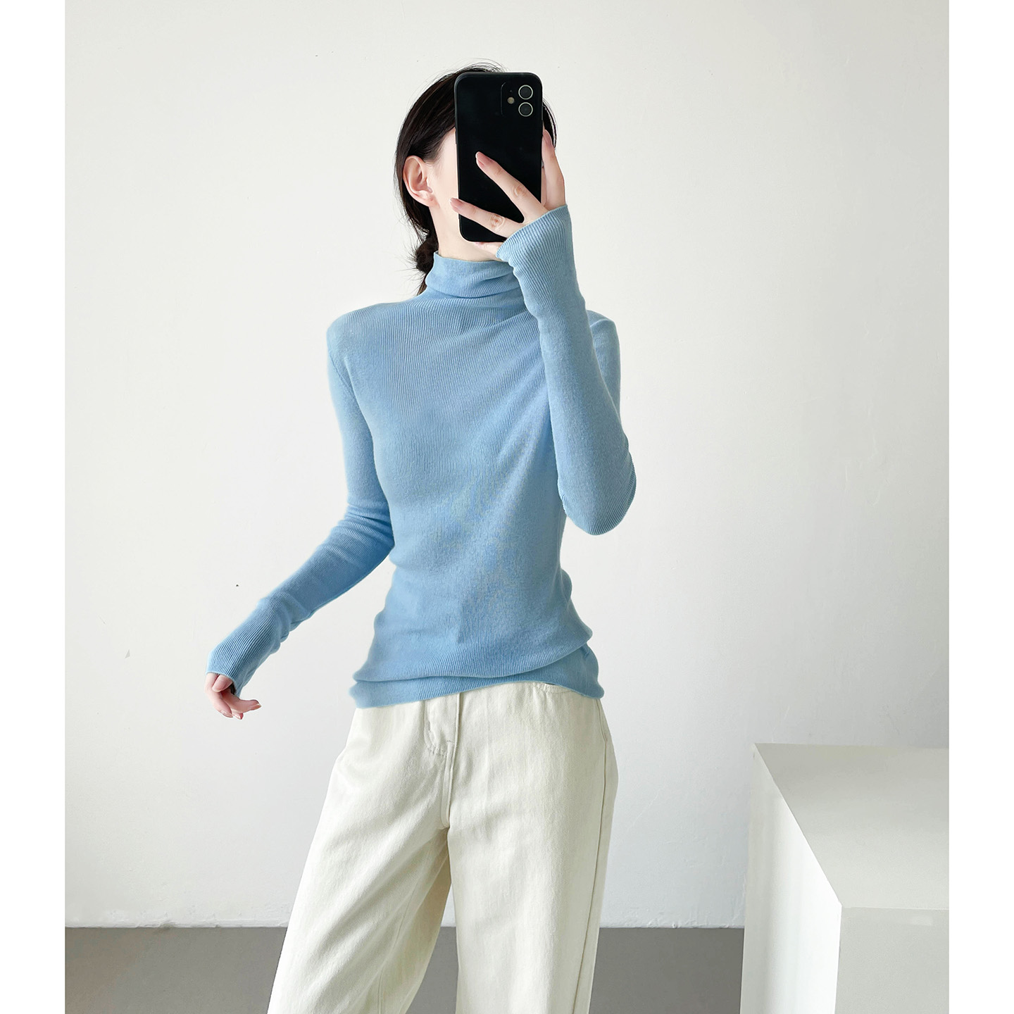 清水蓝堆堆领全羊毛针织打底衫