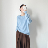 奶蓝色拉毛羊绒毛衣女秋冬2025新款 宽松慵懒高级感软糯羊毛打底衫