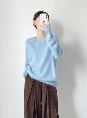 奶蓝色拉毛羊绒毛衣女秋冬2025新款宽松慵懒高级感软糯羊毛打底衫