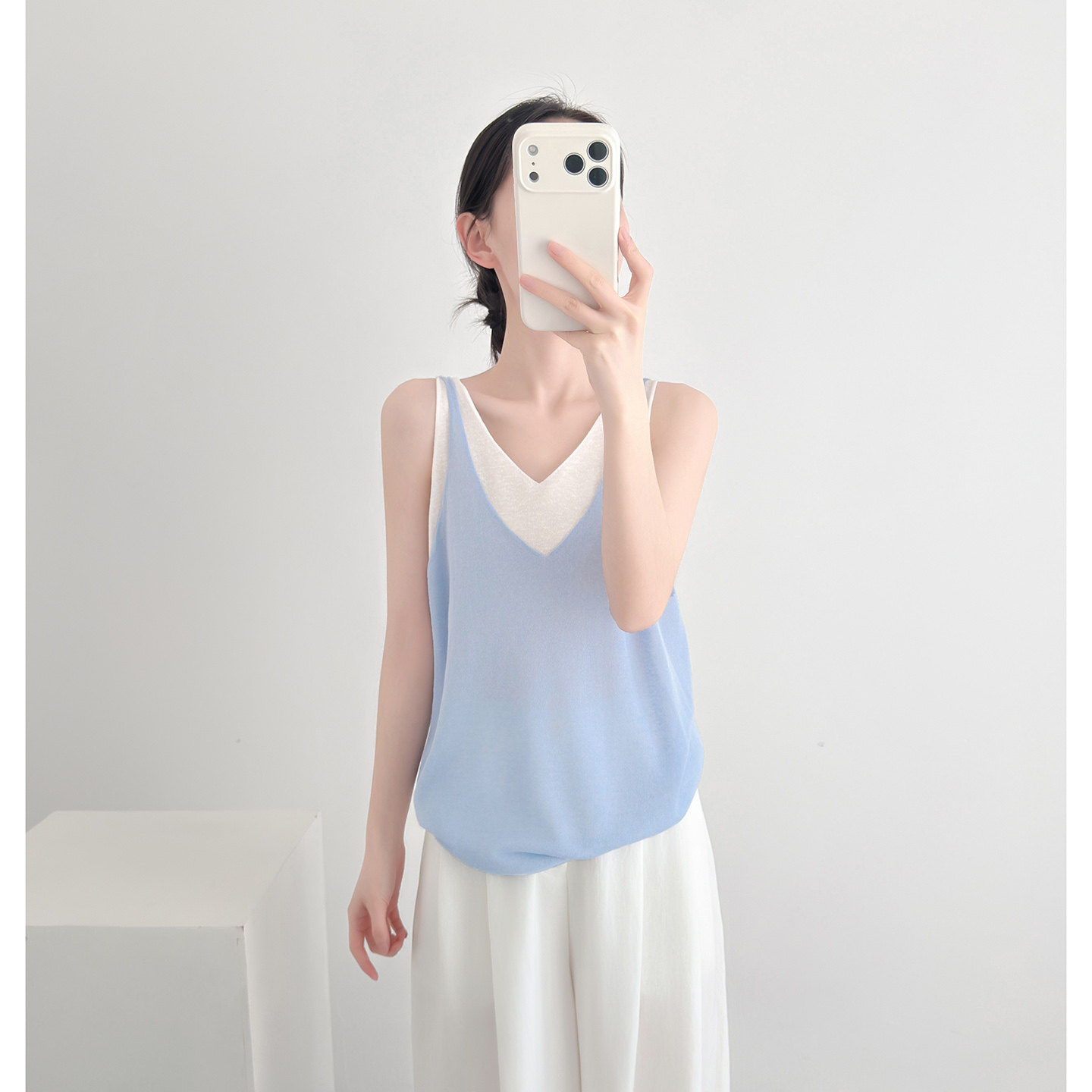 撞色假两件冰丝亚麻针织吊带背心女夏外穿独特设计感无袖V领上衣