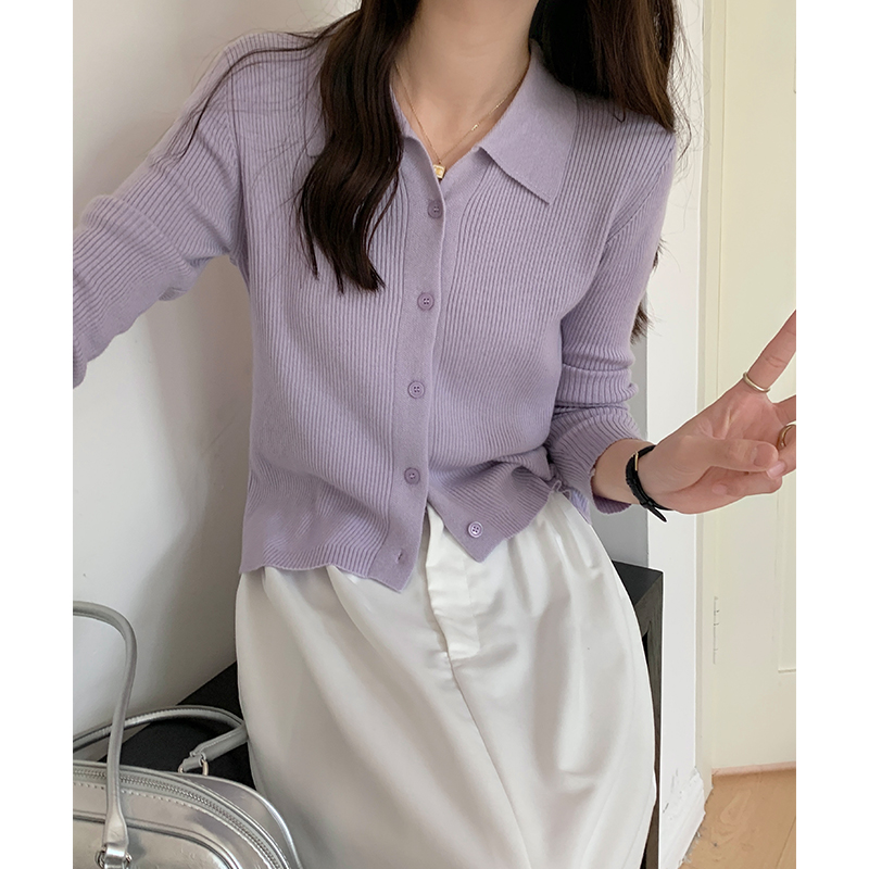 紫色POLO领针织开衫2025新款秋季薄款外搭翻领短款毛衣外套女春秋