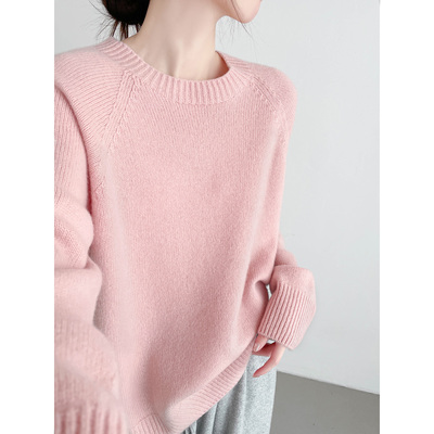 韩粉色加厚圆领羊毛衫