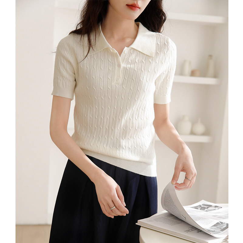 白色POLO领针织上衣女2025春夏新款麻花修身显瘦弹力翻领短袖T恤