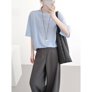 蓝色亚麻冰丝短袖T恤女2026夏季新款宽松慵懒风垂感薄款针织上衣