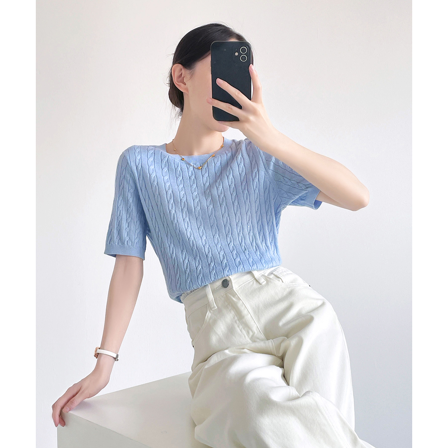 蓝色亮片针织短袖T恤女2025新款复古麻花轻熟小众不撞款上衣夏季