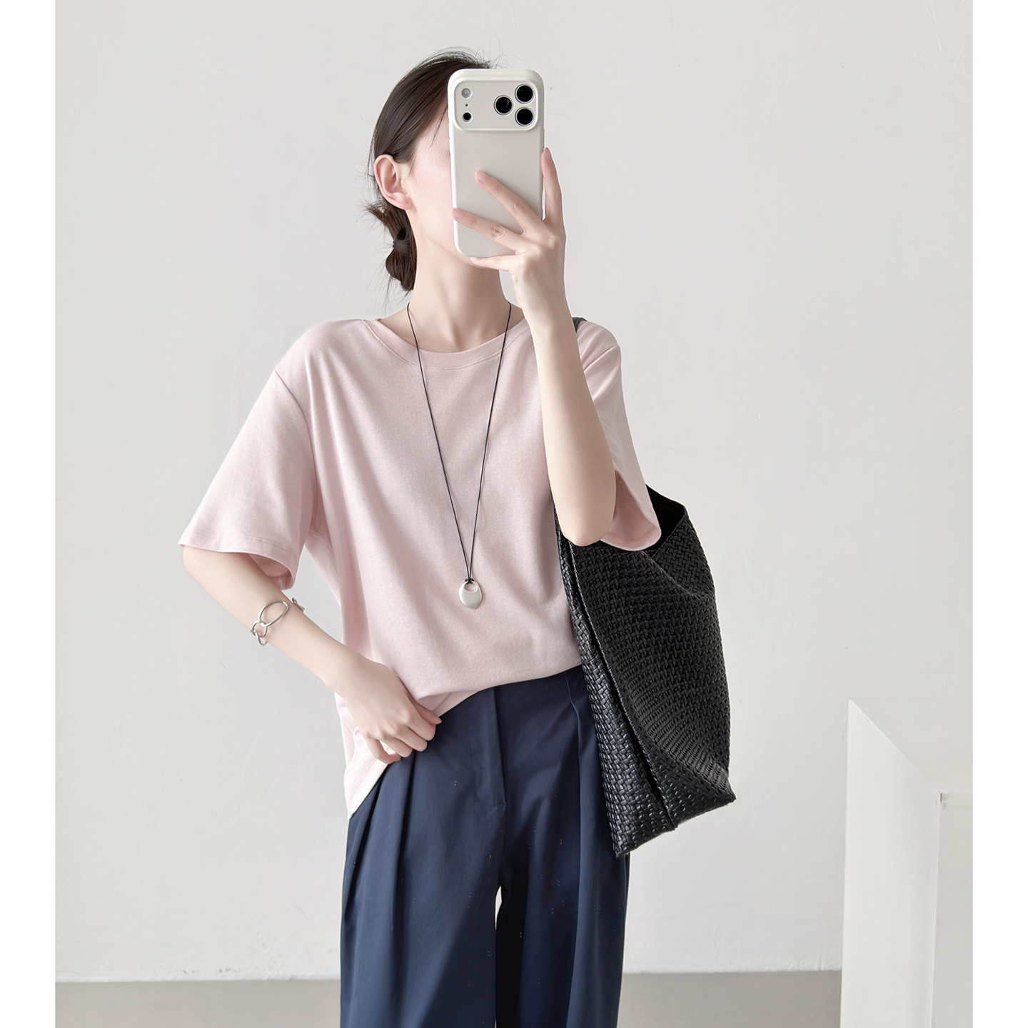 粉色天丝亚麻短袖t恤女2026新款宽松韩版慵懒风纯色百搭简约上衣