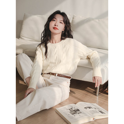 白色毛衣女款2025新款冬季加厚麻花短款内搭小个子圆领针织打底衫