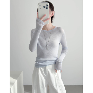 纸片人 蓝色微透长绒棉针织衫女款2026春夏装修身轻薄款打底上衣