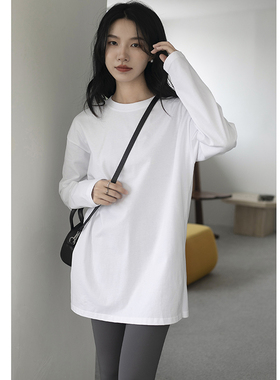 白色纯棉长袖t恤女卫衣叠穿内搭上衣宽松中长款开叉打底衫春白T体