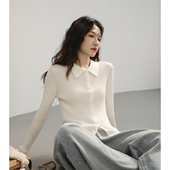 显瘦内搭48支细绵羊毛打底衫 白色POLO领针织开衫 女2025新款 上衣秋